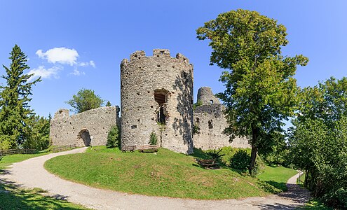 Northwest tower, service wing with gate passage, artillery rondel, southern castle wall and chapel tower Hohenfreyberg Castle Bavaria Germany