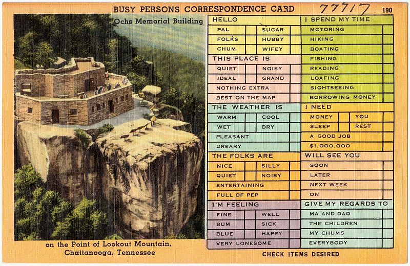 File:Busy persons correspondence card. Ochs Memorial Building on the point of Lookout Mountain, Chattanooga, Tennessee (77717).jpg