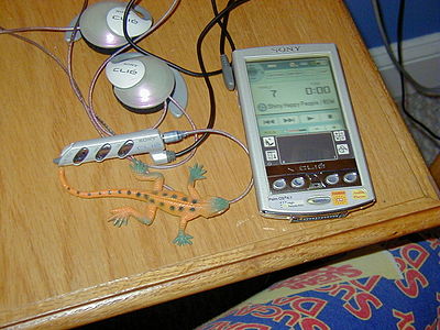 The CLIE N760C with its included headphones and the Audio Player program. CLIE N760C Audio.jpg