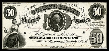 Washington depicted on a 1861 Confederate $50 banknote