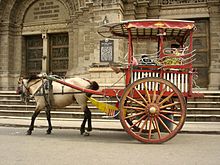 Kalesa, a traditional Philippine urban transportation, in front of Manila Cathedral entrance Calesa.jpg