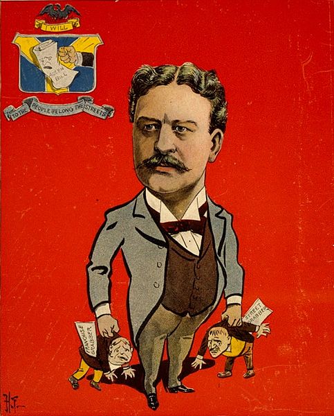 Caricature from 1899 showing Chicago mayor Carter Harrison Jr. fighting against the "Allen bill", signed by Governor John Riley Tanner that gave contr