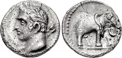 A Carthaginian quarter-shekel, dated 237–209 BC, depicting the Punic god Melqart (who was associated with Hercules/Heracles). On the reverse is an elephant; possibly a war elephant, which were linked with the Barcids.[143]