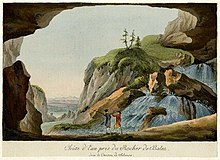 Waterfall seen from a cave in Solothurn, Switzerland; engraving of the later 18th century. Chute d'Eau pres du Rocher de Balm.jpg