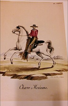 "Charro Mexicano" (1828). The term Charro was originally a derogatory term for Mexican Vaqueros, synonymous with the English terms bumpkin or yokel. Charro Mexicano (1828).jpg