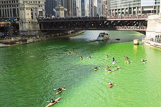 The Chicago River dyed green ChicagoStPatricksDay2015.jpg