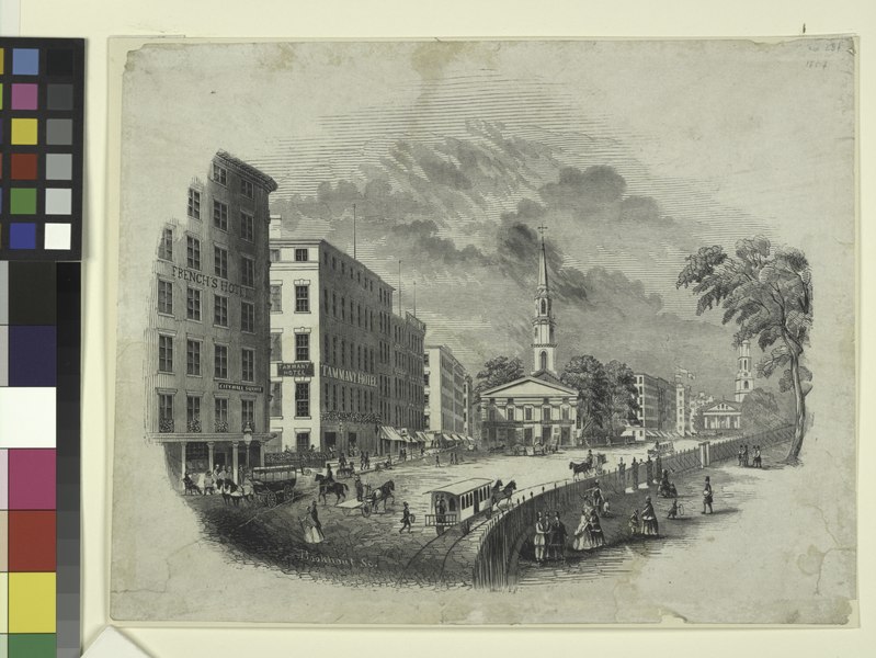 File:City Hall Park. French's Hotel, with street sign City Hall Square on its wall, Tammany Hotel, Sunday Times, Tribune and Currier on the left. St. Paul's in the background (NYPL Hades-1788350-1659154).tiff