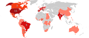 Countries of origin of cardinals participating in the papal conclave of 2013 Conclave 2013 by country.svg