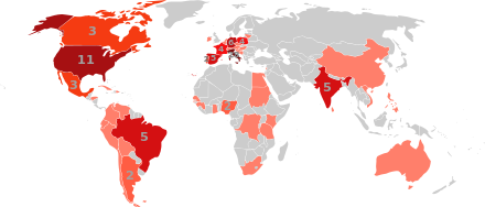 Numbered choropleth world map showing the number of cardinal electors for the 2013 papal conclave from each country
