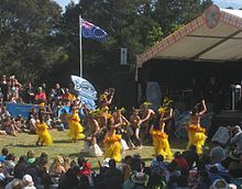 Cook Islands flag flying at the 2010 Pasifika Festival. Cook Islands dancers at Auckland's Pacifica festival 2.jpg