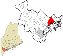 Cumberland County Maine začleněny a nezapsané v obchodním rejstříku oblasti Freeport highlighted.svg
