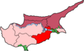 Map o Cyprus showin Larnaca destrict (bricht red).