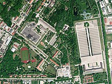 Aerial photo of the memorial in 2012 Dachau Gedenkstatte Aerial.jpg
