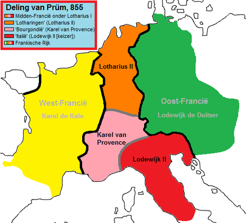 Na de tweede deling, Verdrag van Prüm, 855. ■ Koninkrijk Bourgondië onder Karel van Provence.