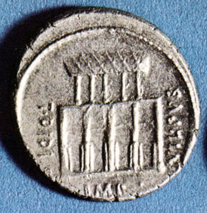 Romersk denarius med avbildning av Villa Publica.