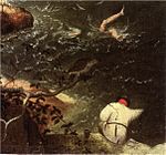 Detalj av Brysselversionen som visar Ikaros ben efter att han störtat i havet och en fiskare på land.