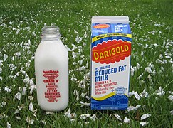 Glass milk bottle and paperboard milk carton