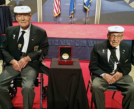 Doolittle Raiders Lt. Col. Richard Cole, co-pilot of Crew No. 1 (right), and Staff Sgt. David Thatcher, engineer-gunner of Crew No. 7, with the Congressional Gold Medal (2015)