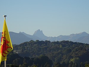 fotografia a cores de uma bandeira que representa duas vacas vermelhas sobre um fundo amarelo.