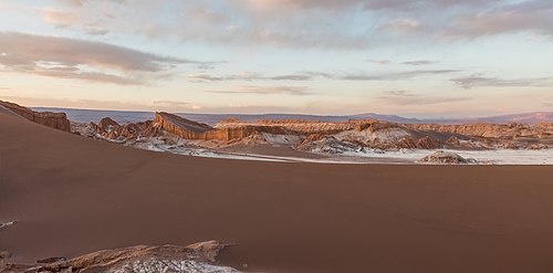 View at dusk of two of the highlights in Valle de la Luna, northern Chile.