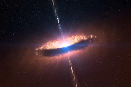 Representació gràfica d'un disc circumestel·lar al voltant d'una protoestrella massiva. El disc s'estén per unes 130 unitats astronòmiques i té una massa semblant a la de l'estrella; les seves parts més internes estan lliures de pols, vaporitzades per la intensa radiació estel·lar