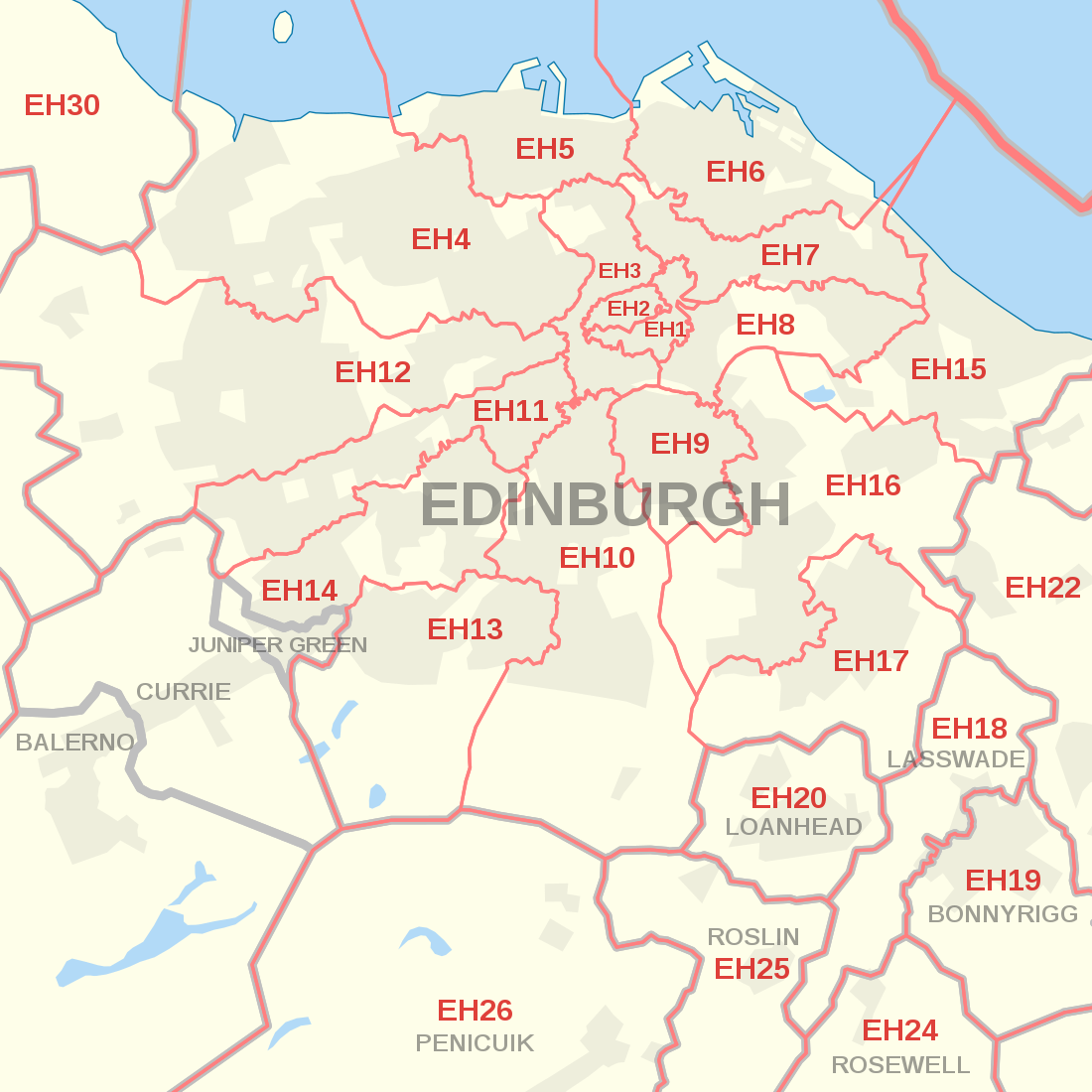 Detailed map of postcode districts and post towns in and around Edinburgh