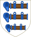 Arms of Bertie: Argent, three battering rams fesswise in pale proper armed and garnished azure