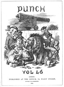 An early depiction of Alice on a Punch magazine cover (left of the lion). Earlier-alice-tenniel.jpg