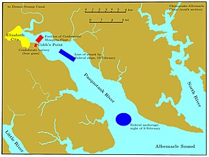 The Pasquotank River flows from the upper left corner to the bottom of the chart, entering Albemarle Sound about one-third of the chart width from the right edge. The outline of Elizabeth City is on the western side of the river, one-fourth of the chart height from the top. The river broadens from one mile near the city to three miles where it meets the sound, 15 mi (24 km) downstream. The Confederate defenses are a battery at Cobb's Point, near the southeastern edge of the city, and a line of ships stretching across the river from that point to the northeast. The Federal fleet is shown twice: its anchorage near the mouth of the river on 9 February, and the attacking column of 10 February,in the middle of the river and near the Confederate defensive line. A portion of the Little River is in the lower left corner, and the North River runs from the top to near the bottom of the right edge.