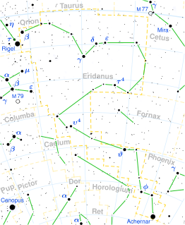 Epsilon Eridani, formally named Ran, is a star in the southern constellation of Eridanus, at a declination of 9.46° south of the celestial equator. This allows it to be visible from most of Earth's surface. At a distance of 10.5 light-years from the Sun, it has an apparent magnitude of 3.73. It is the third-closest individual star or star system visible to the unaided eye.