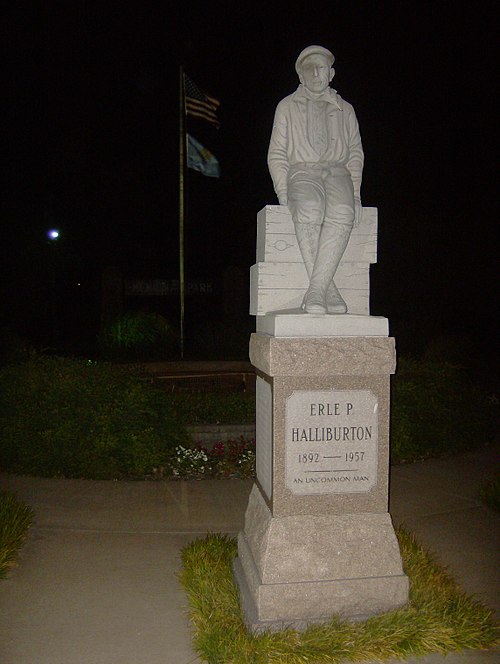 Erle P. Halliburton's Memorial Statue in Memorial Park in Duncan, at night