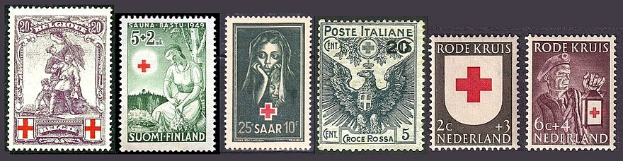 Selection of European Red Cross semi-postal issues
From left to right:  Belgium, Finland, Germany, Italy, the Netherlands European Red Cross semi-postals.jpg