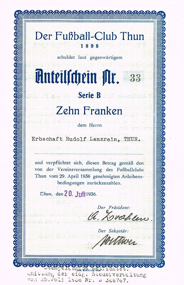 Participation certificate of the FC Thun, issued 20. July 1936