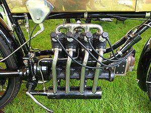 Engine of the world's first manufactured four-cylinder motorcycle: Belgian "FN", built 1909.