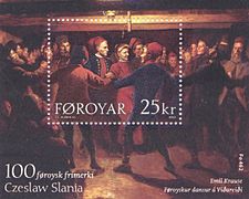 Emil Krause: Føroyskur dansur á Viðareiði. 100th and last stamp by master engraver Czeslaw Slania (1921-2005) for the Faroes - Faroese stamps 2003.