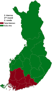 Finnish presidential election result, second round
Tarja Halonen
Esko Aho Finnish presidential election, 2000 results by constituency (II round result).svg