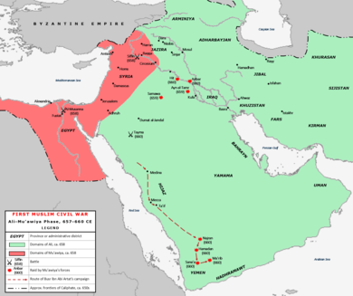 Eine Karte, die in Pink und Grün schattiert ist, um die Kontrollbereiche zweier kriegführender Seiten zu unterscheiden, wobei Feldzüge und Schlachten mit dem Jahr ihres Auftretens gekennzeichnet sind