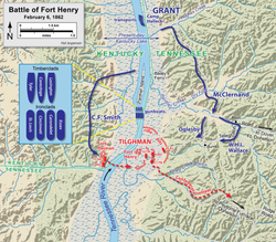 Battle of Fort Henry
.mw-parser-output .legend{page-break-inside:avoid;break-inside:avoid-column}.mw-parser-output .legend-color{display:inline-block;min-width:1.25em;height:1.25em;line-height:1.25;margin:1px 0;text-align:center;border:1px solid black;background-color:transparent;color:black}.mw-parser-output .legend-text{}
Confederate
Union Fort Henry.png