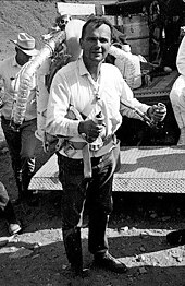 Astrogeologist Gene Shoemaker wearing a Bell Rocket Belt while training astronauts Gene shoemaker with rocket belt.jpg