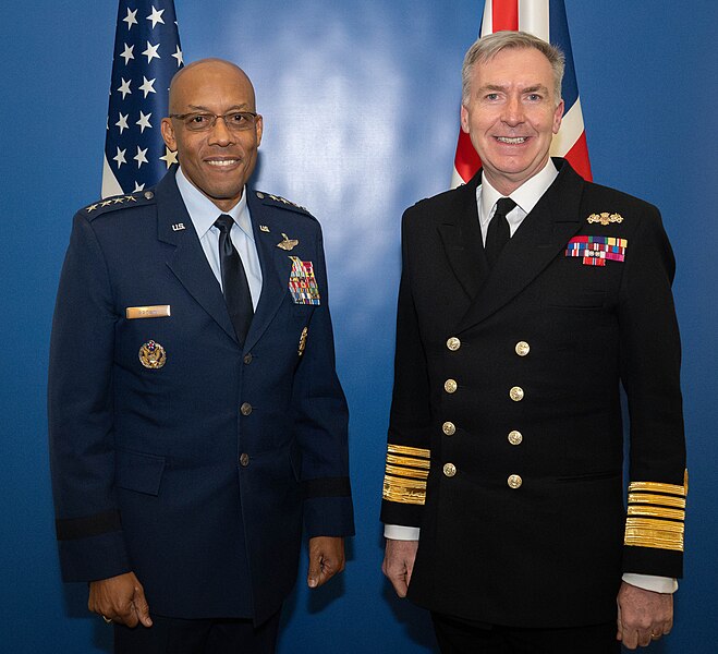 File:General CQ Brown, Jr., Chairman of the Joint Chiefs of Staff, meets Admiral Sir Tony Radakin, United Kingdom Chief of Defense at NATO Headquarters in Brussels, Belgium Jan. 17, 2024.jpg