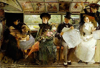 George William Joy's painting The Bayswater Omnibus, 1895, depicts middle-class social life in this English late Victorian-era scene. George William Joy - The Bayswater Omnibus.jpg