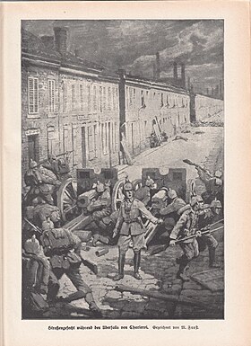 German street barricade in Charleroi Belgium 1914 by Martin Frost.jpg