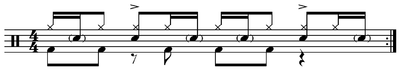 Drumming: Ghost notes indicated by parentheses, main notes distinguished by accents play Ghost note drumming.png