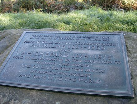 A. A. Milne and E. H. Shepard memorial plaque at Ashdown Forest, East Sussex, south east England. It overlooks Five Hundred Acre Wood, the setting for Winnie-the-Pooh.