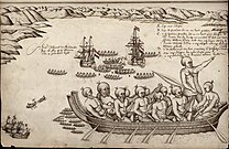 The first European impression of Māori, at Murderers' Bay. Drawing by Isaack Gilsemans in Abel Tasman's travel journal (1642).[63]