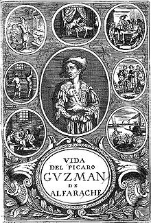 Title page of the book Guzman de Alfarache (1599) Grabado Guzman Alfarache.jpg