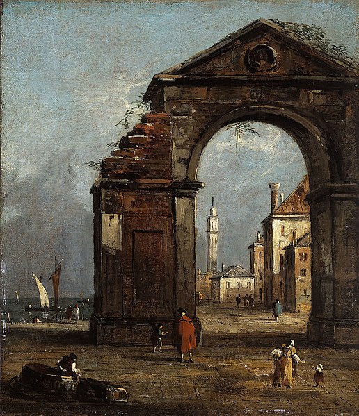 File:Guardi, Francesco - Caprice, avec arc triomphal en ruine et paysage du bord de la lagune - J 54 - Musée Cognacq-Jay.jpg