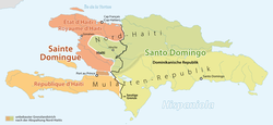 Northern Haiti in red, Southern Haiti in orange, Santo Domingo in green tones (the Cibao[clarification needed] appears in dark green and the Ozama[clarification needed] in light green).