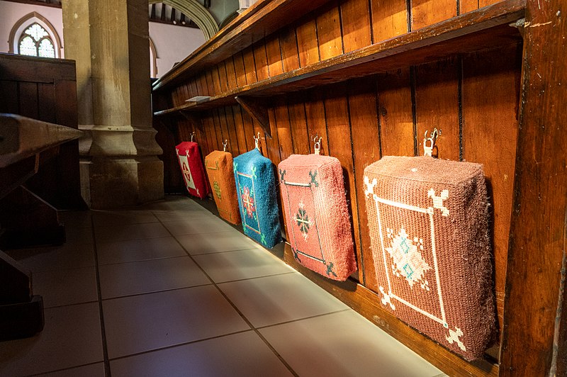 File:Hand-knitted cushions for kneeling down for prayer in church. (51416435809).jpg