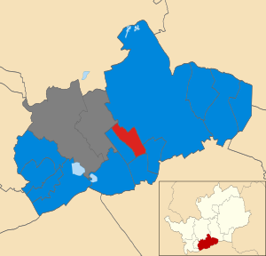 Map of the results of the 2010 Hertsmere council election. Conservatives in blue and Labour in red. Wards in grey were not contested in 2010. Hertsmere UK local election 2010 map.svg